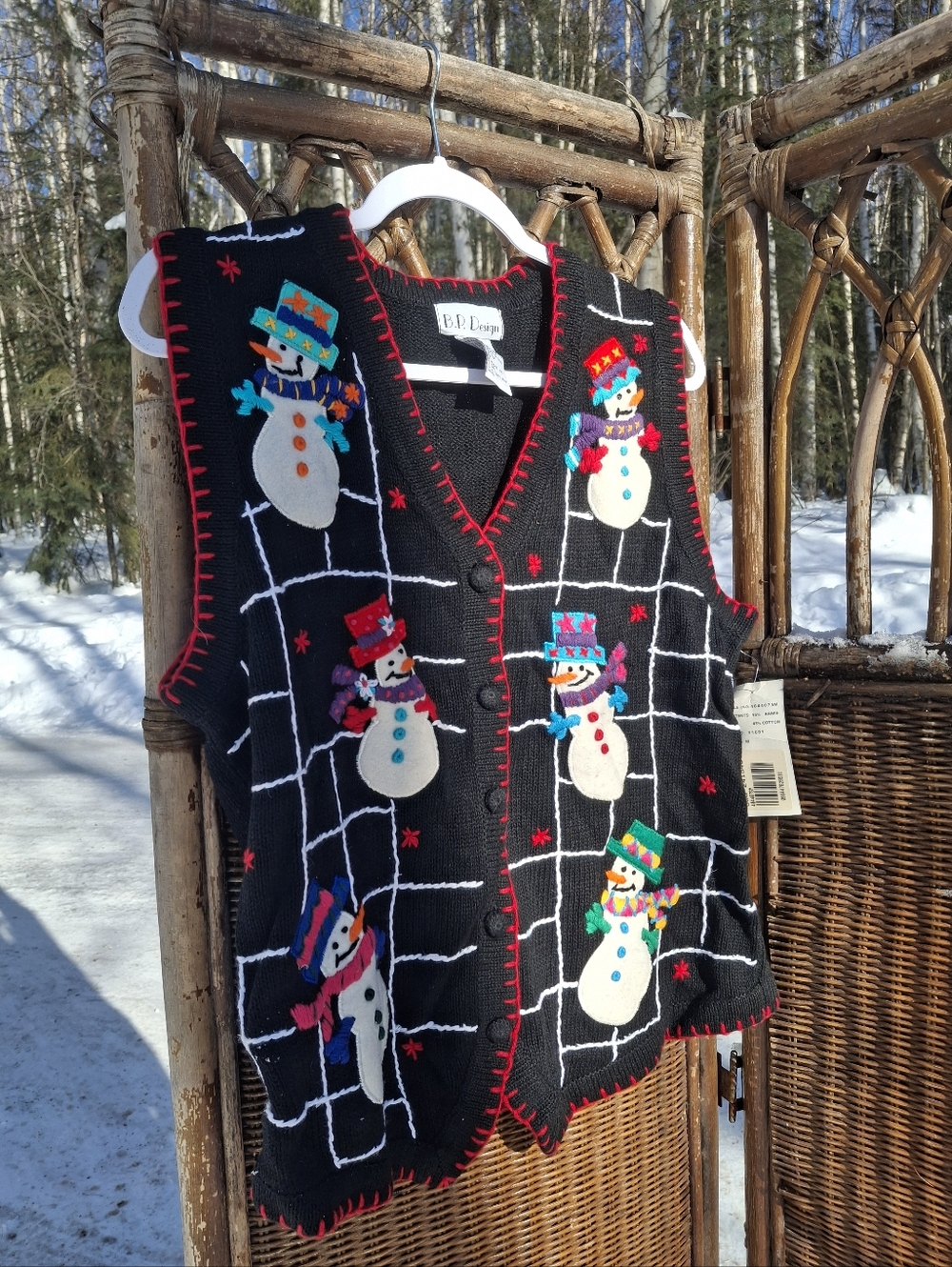 Black Snowman Knit Button-Front Vest - Women's Holiday Sweater Vest